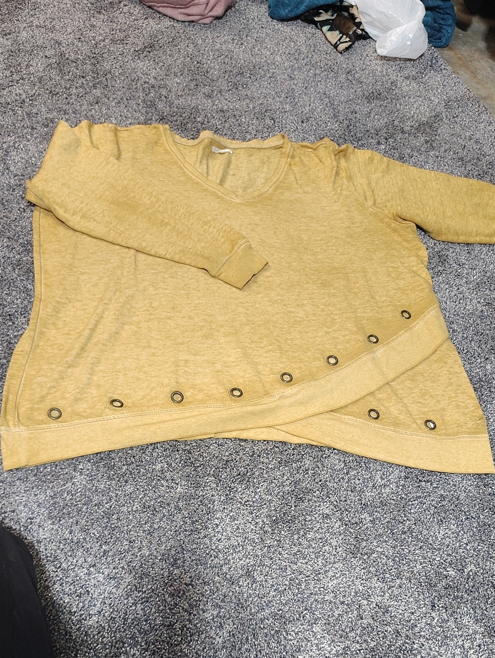 Maurices Mustard V-Neck Eyelet Hem Sweater